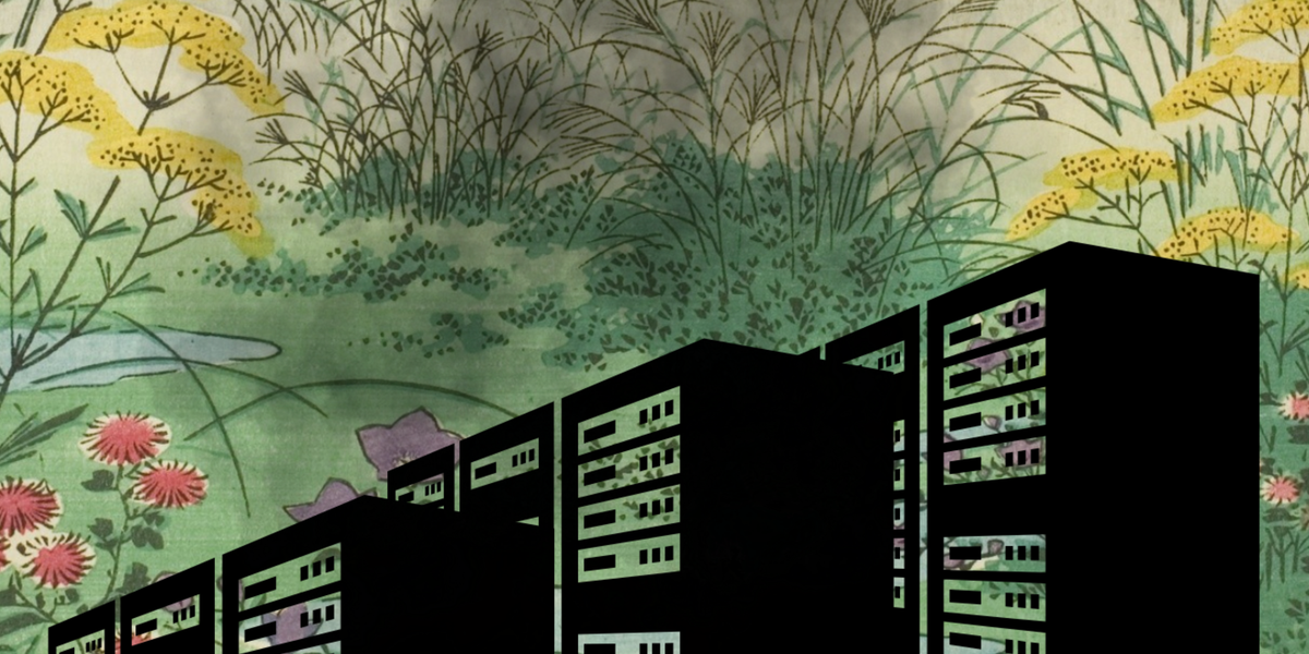 Collage with a colourful Japanese vintage landscape showing a mountain, hills, flowers and other plants and a small stream. There are 3 large black data servers placed in the bottom half.